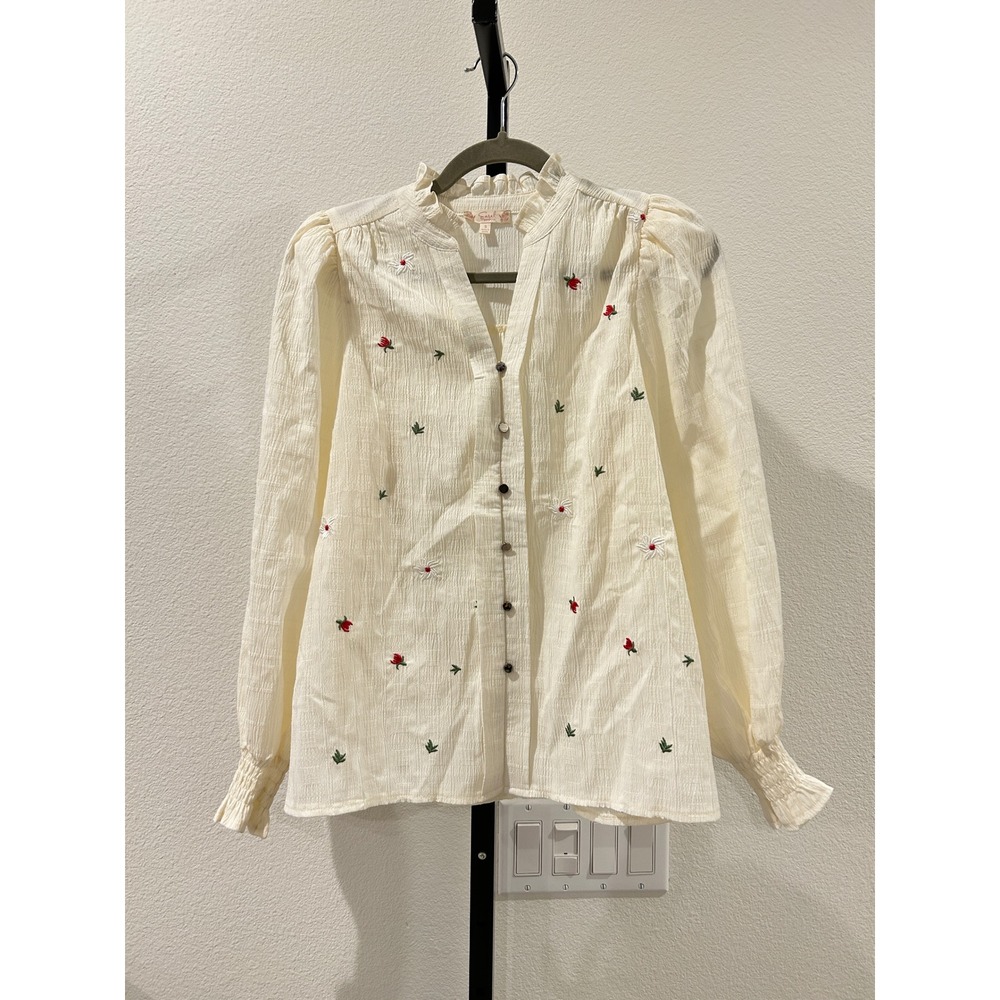 New Easel Cream Floral Embroidered Ruffle Neck Balloon Sleeve Blouse Small Boho